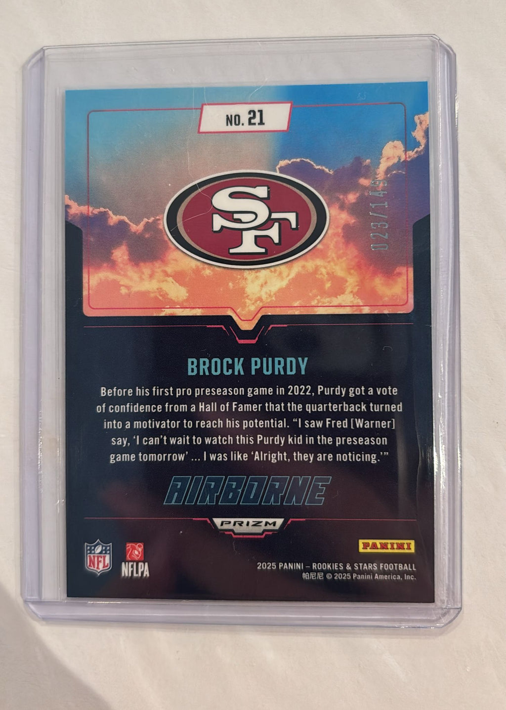 Brock Purdy Rookies&Stars Airbone Trading Card Numbered